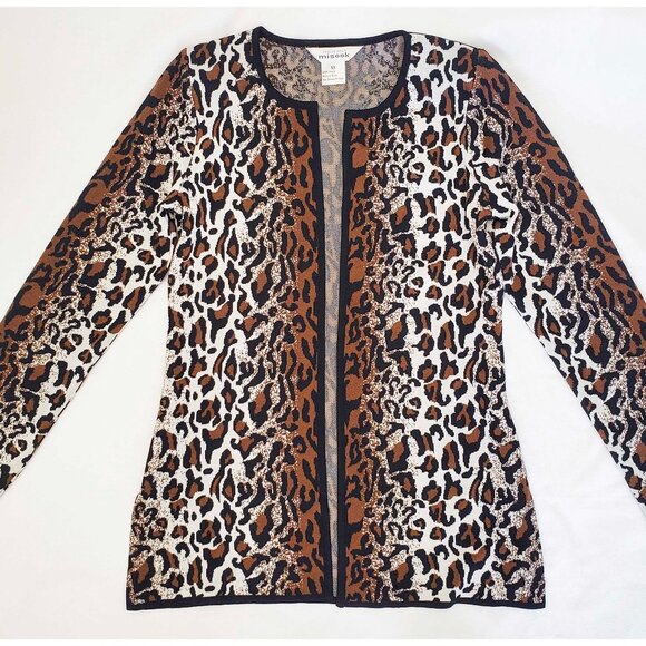 MISOOK Womens Leopard Knit Open Front Cardigan Crew Neck Brown Black White XS - Picture 1 of 6